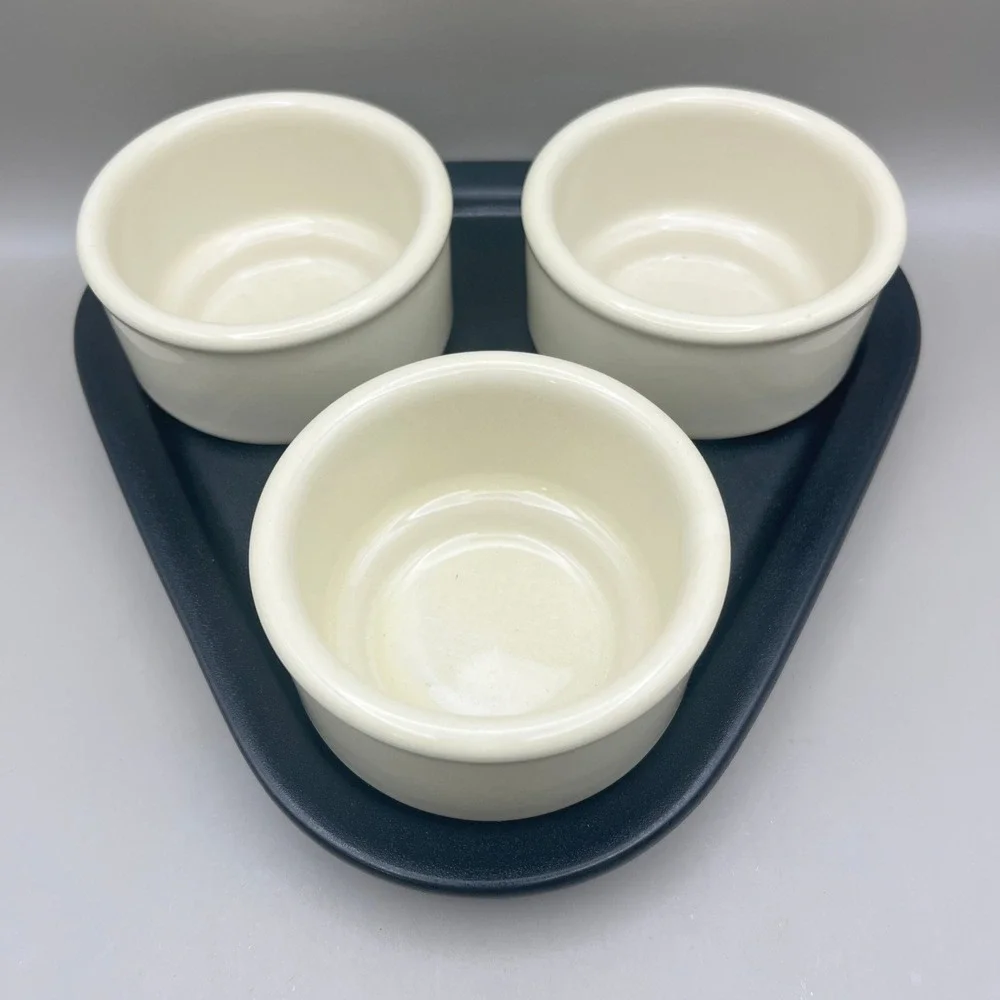 Vintage Hall Pottery 3 Stoneware 2 oz Ramekins on a‎ Black Stoneware Tray MCM